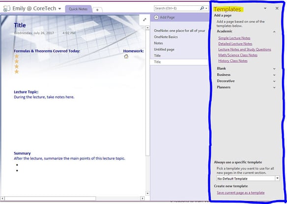 microsoft onenote page templates