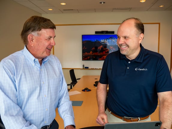 Omaha CoreTech president discussing with his team how to help small to midsized businesses with their cybersecurity, cloud hosted solution, IT roadmap, and remote working!