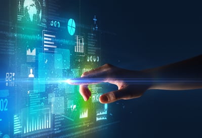 Female finger touching a beam of light surrounded by blue and green data and charts