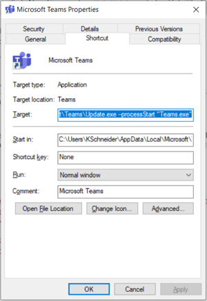 Teams Shortcut Properties