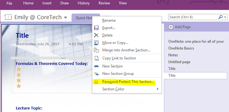 microsoft onenote password protection