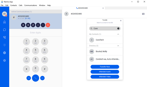 choosing a contact to transfer a call to in the nextiva desktop app